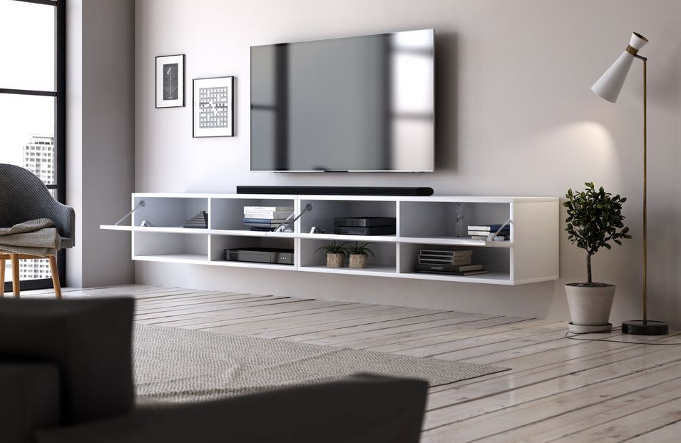 Grand meuble TV suspendu 2 portes bois blanc Kestane 200 cm - Photo n°3