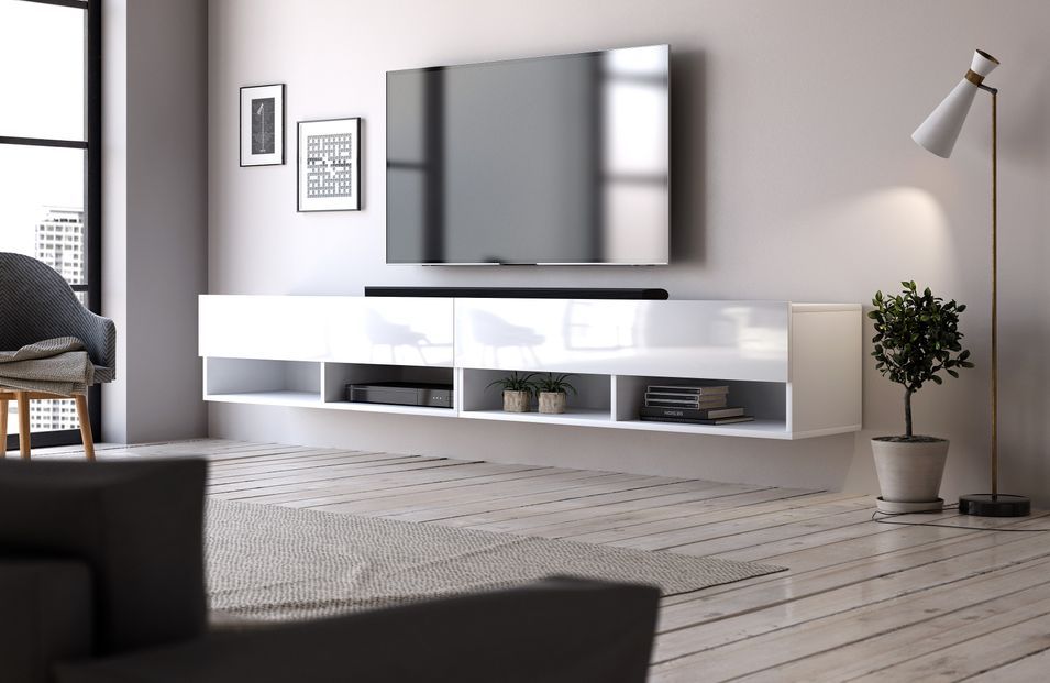 Grand meuble TV suspendu 2 portes bois blanc Kestane 280 cm - Photo n°2