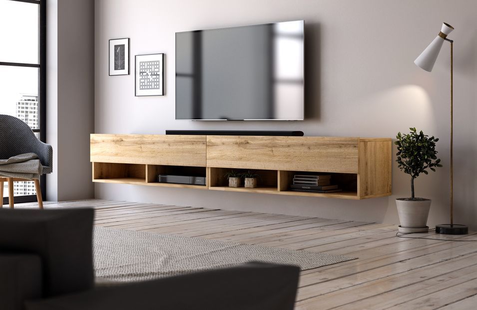 Grand meuble TV suspendu 2 portes bois clair Kestane 280 cm - Photo n°2