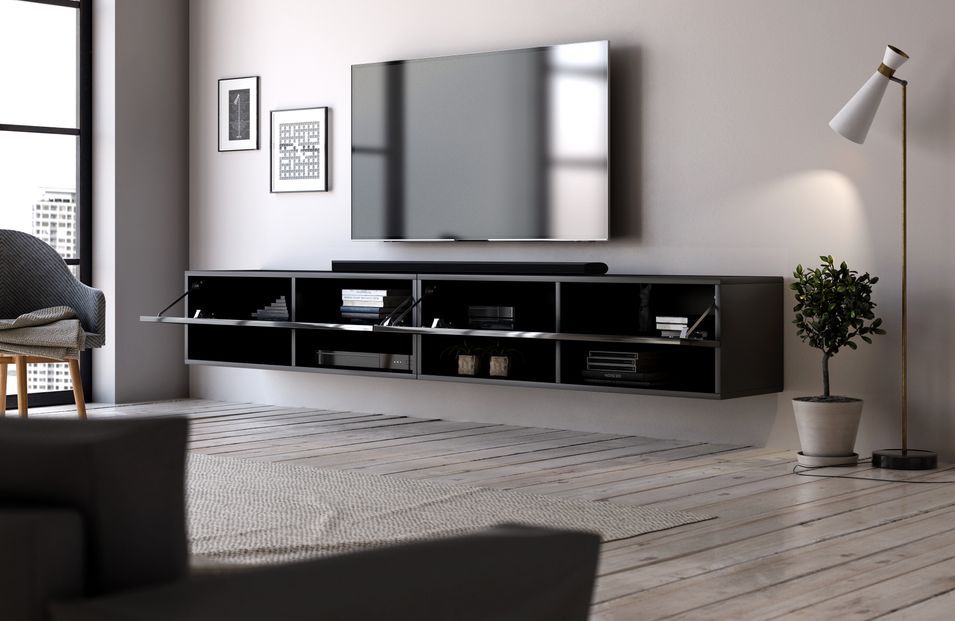 Grand meuble TV suspendu 2 portes bois noir Kestane 200 cm - Photo n°3