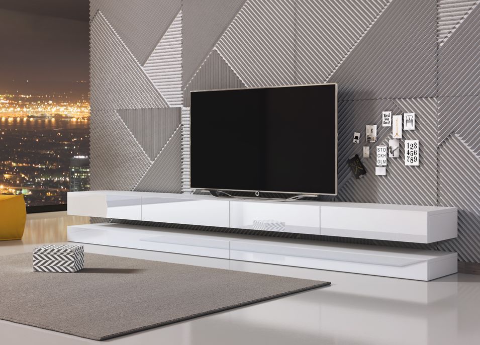 Grand meuble TV suspendu 4 tiroirs bois blanc et blanc laqué Kapan 280 cm - Photo n°4