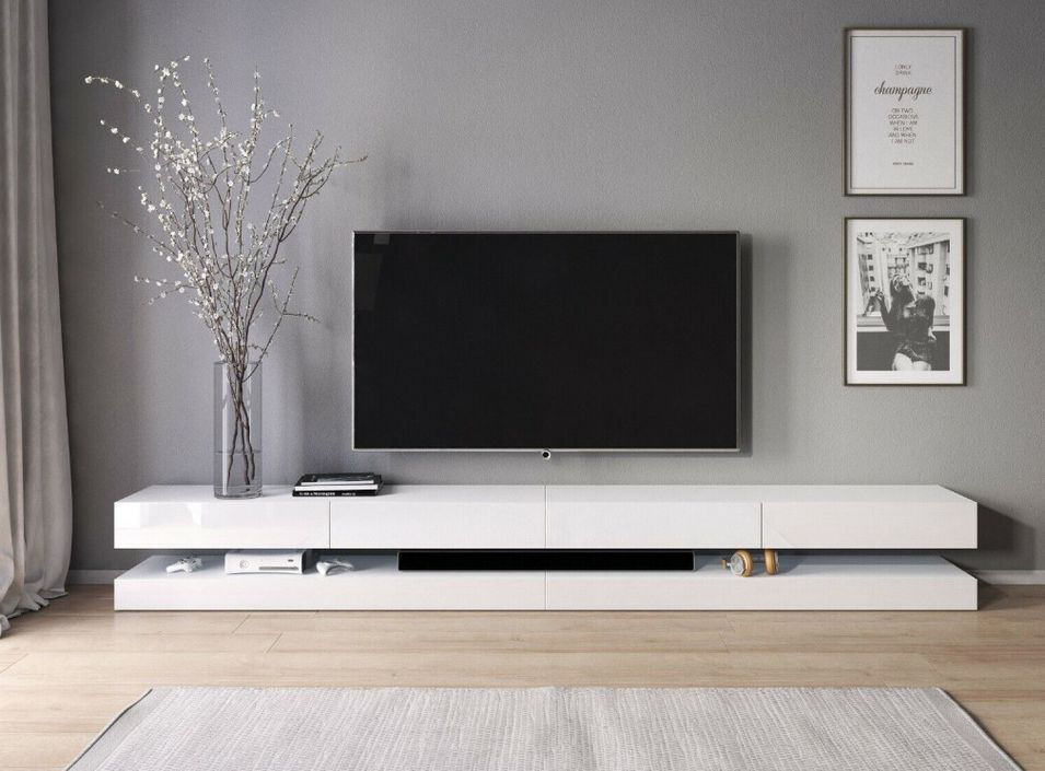 Grand meuble TV suspendu 4 tiroirs bois blanc et blanc laqué Kapan 280 cm - Photo n°2