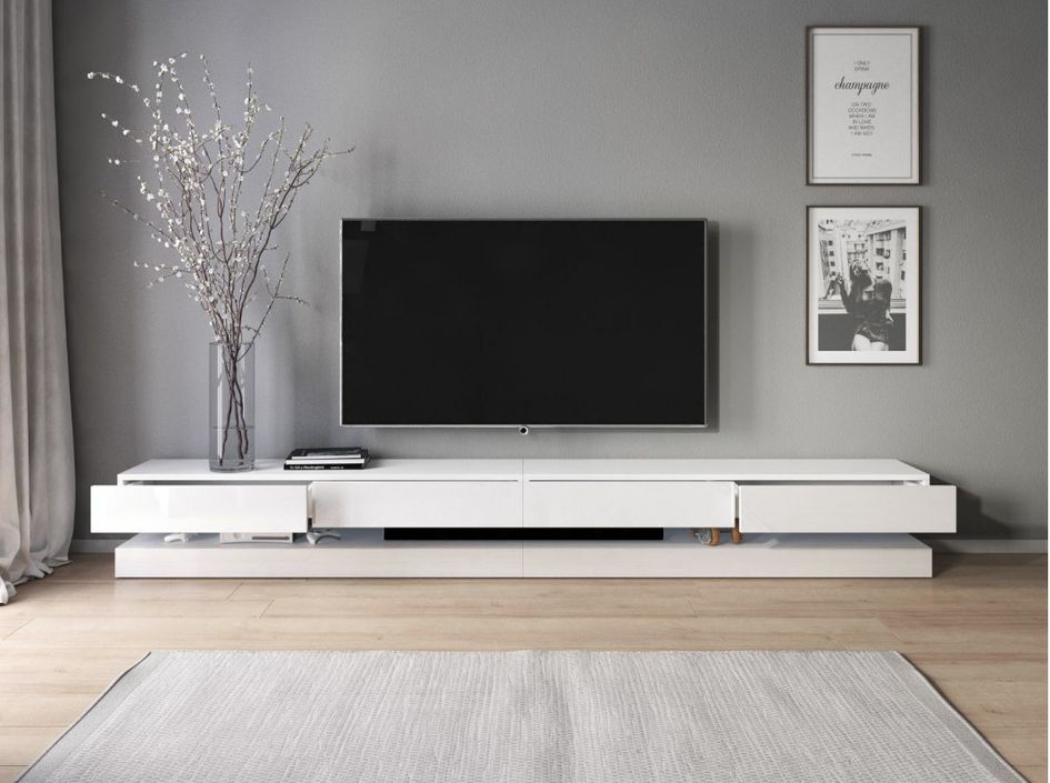 Grand meuble TV suspendu 4 tiroirs bois blanc et blanc laqué Kapan 280 cm - Photo n°3