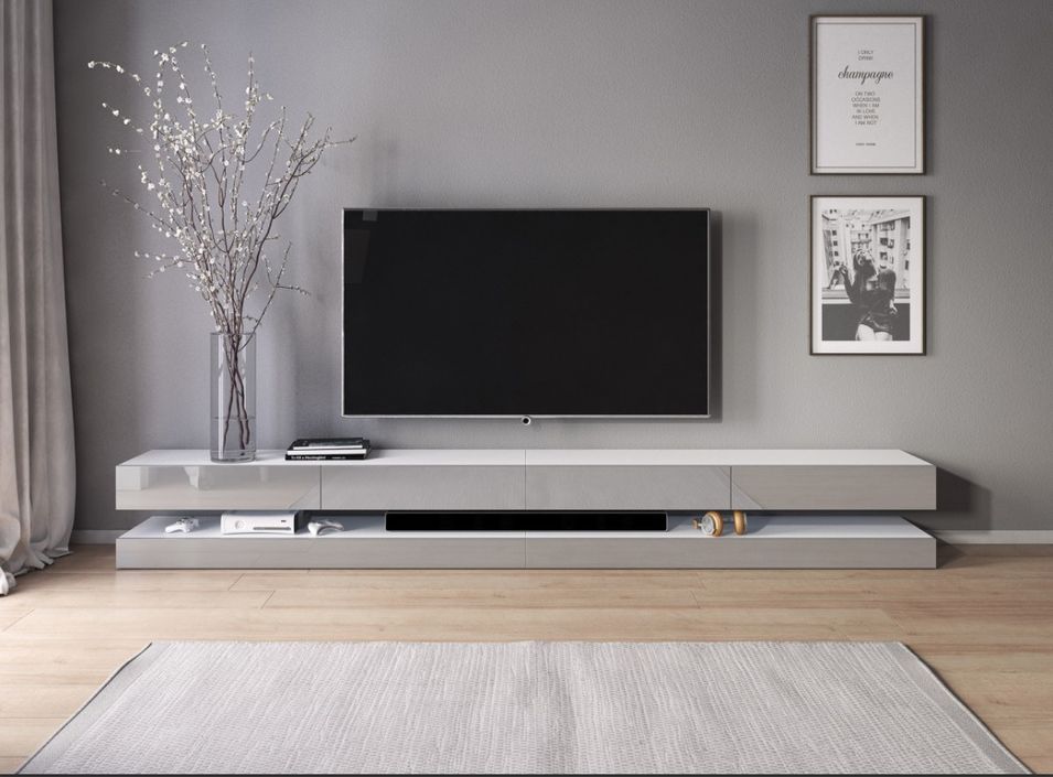 Grand meuble TV suspendu 4 tiroirs bois blanc mat et gris laqué Kapan 280 cm - Photo n°2