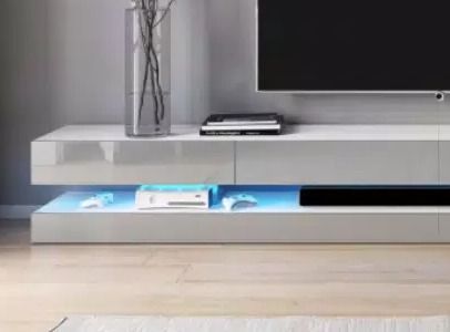 Grand meuble TV suspendu avec Led 4 tiroirs bois blanc mat et gris laqué Kapan 280 cm - Photo n°4