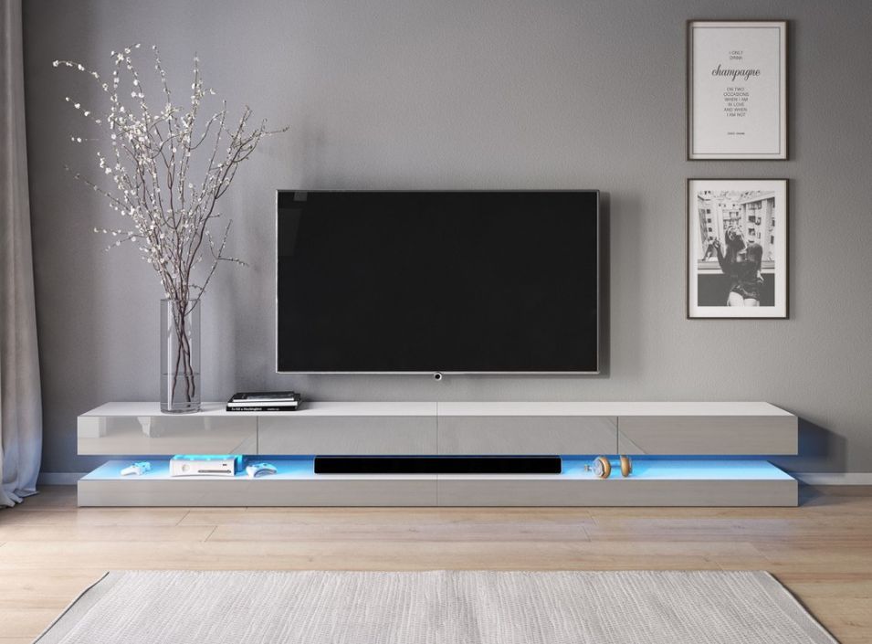 Grand meuble TV suspendu avec Led 4 tiroirs bois blanc mat et gris laqué Kapan 280 cm - Photo n°2