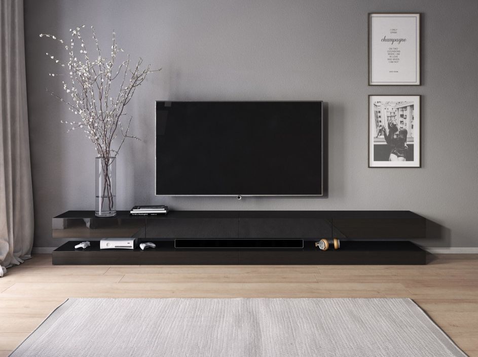 Grand meuble TV suspendu avec Led 4 tiroirs bois noir laqué Kapan 280 cm - Photo n°3