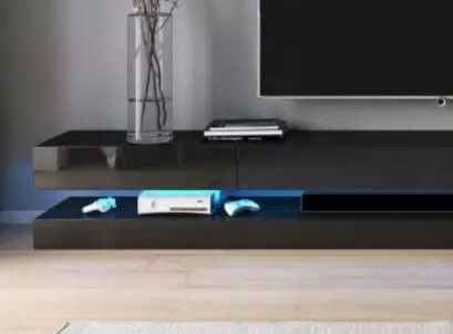 Grand meuble TV suspendu avec Led 4 tiroirs bois noir laqué Kapan 280 cm - Photo n°4