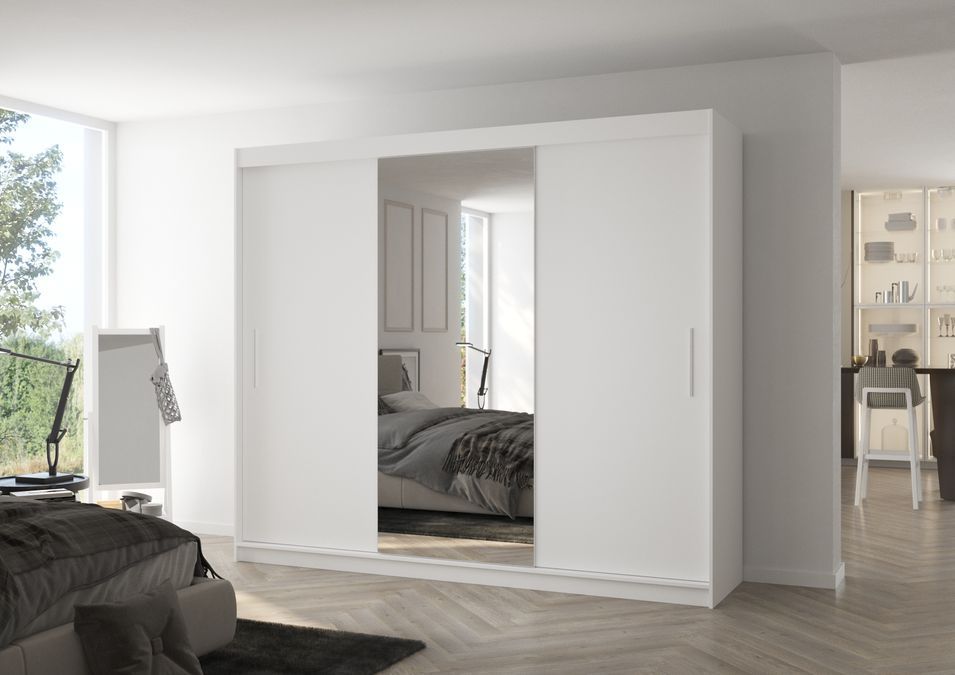 Grande armoire de chambre à coucher 3 portes coulissantes blanches et miroir Dany 250 cm - Photo n°2