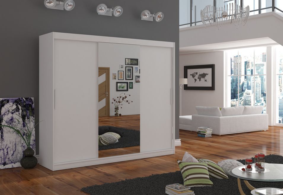 Grande armoire de chambre à coucher 3 portes coulissantes blanches et miroir Dany 250 cm - Photo n°4