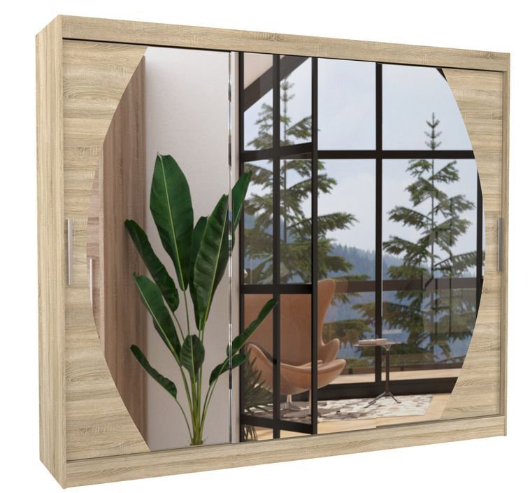 Grande armoire de chambre à coucher 3 portes coulissantes bois clair et miroir Kerry 250 cm - Photo n°1
