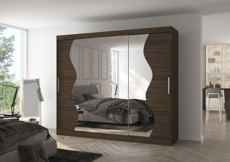 Grande armoire de chambre à coucher 3 portes coulissantes marron et miroir biseauté Kola 250 cm - Photo n°2