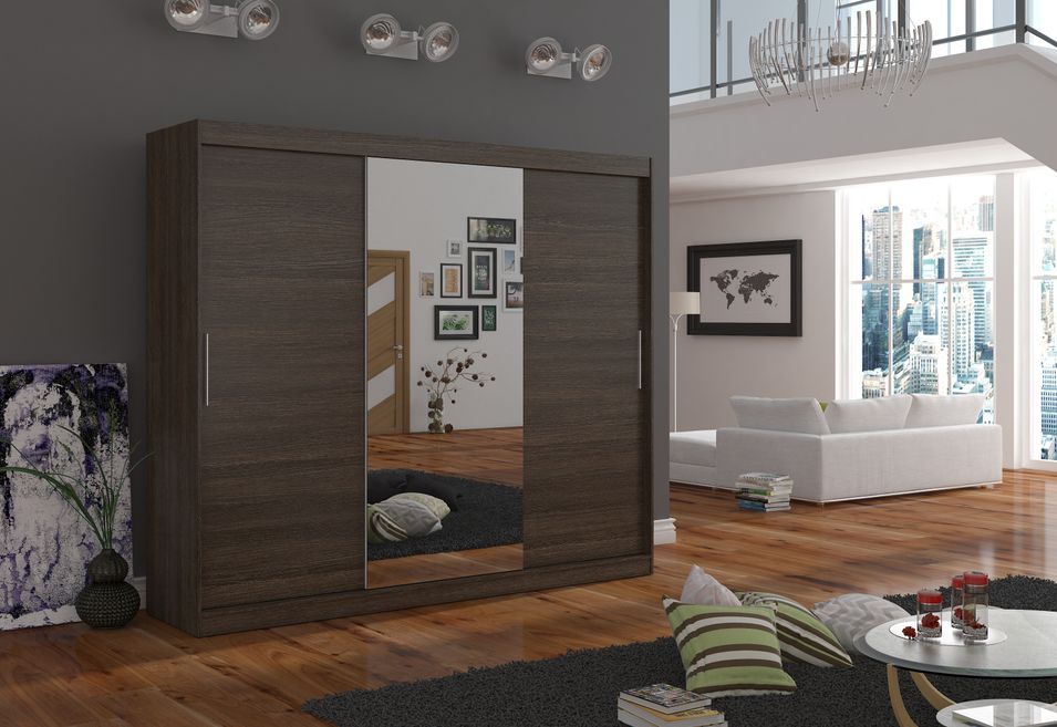 Grande armoire de chambre à coucher 3 portes coulissantes marron et miroir Dany 250 cm - Photo n°4