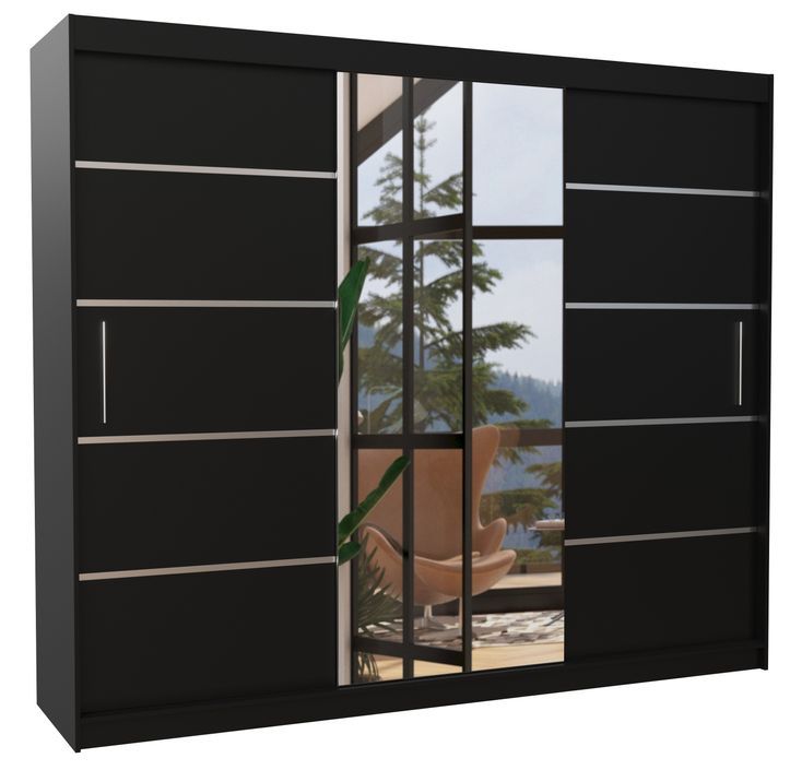 Grande armoire de chambre à coucher 3 portes coulissantes noir et alu avec miroir Cindy 250 cm - Photo n°1