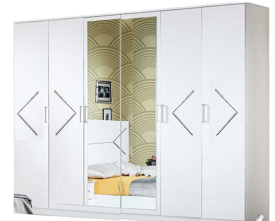 Grande armoire de chambre design 6 portes battantes bois blanc laqué et métal argenté Diamanto 270 cm - Photo n°1