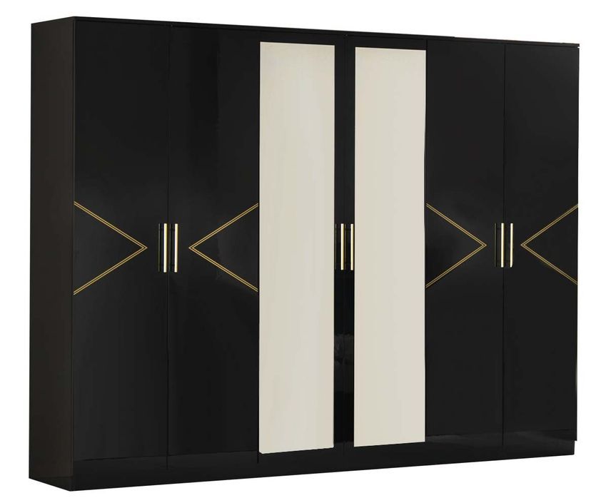 Grande armoire de chambre design 6 portes battantes bois noir laqué et métal doré Diamanto 270 cm - Photo n°1
