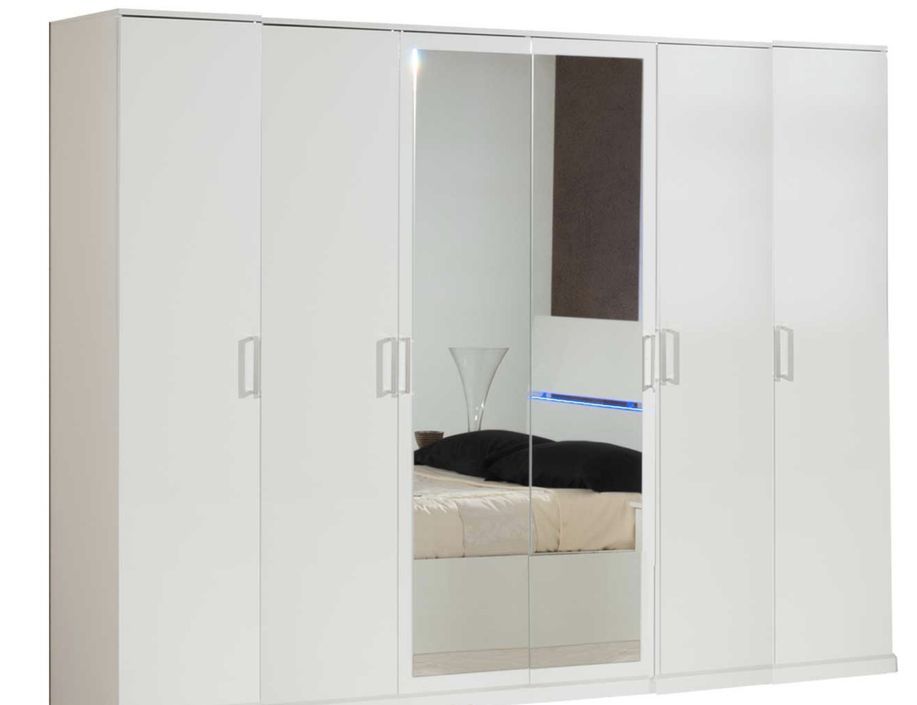 Grande armoire de chambre moderne 6 portes battantes bois blanc laqué et miroir Mona 272 cm - Photo n°1