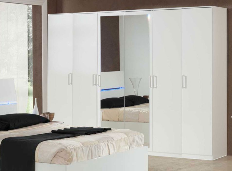 Grande armoire de chambre moderne 6 portes battantes bois blanc laqué et miroir Mona 272 cm - Photo n°3