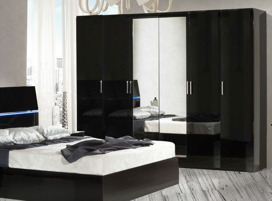 Grande armoire moderne 6 portes bois noir laqué et miroir Mona 272 cm - Photo n°4