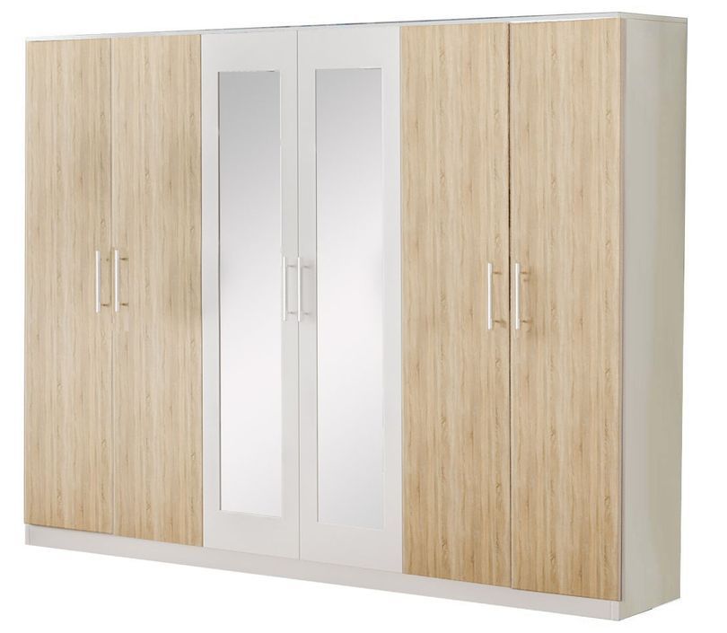 Grande rrmoire de chambre 6 portes battantes bois blanc brillant et bois naturel mat Dova 242 cm - Photo n°1