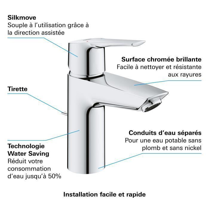 GROHE QUICKFIX Start Robinet de salle de bains lavabo, mousseur économie d'eau, avec tirette de vidage, bonde incluse, 24209002 - Photo n°6