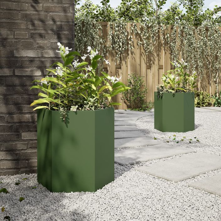 Jardinières 2 pcs vert olive hexagone 46x40x45 cm acier - Photo n°4