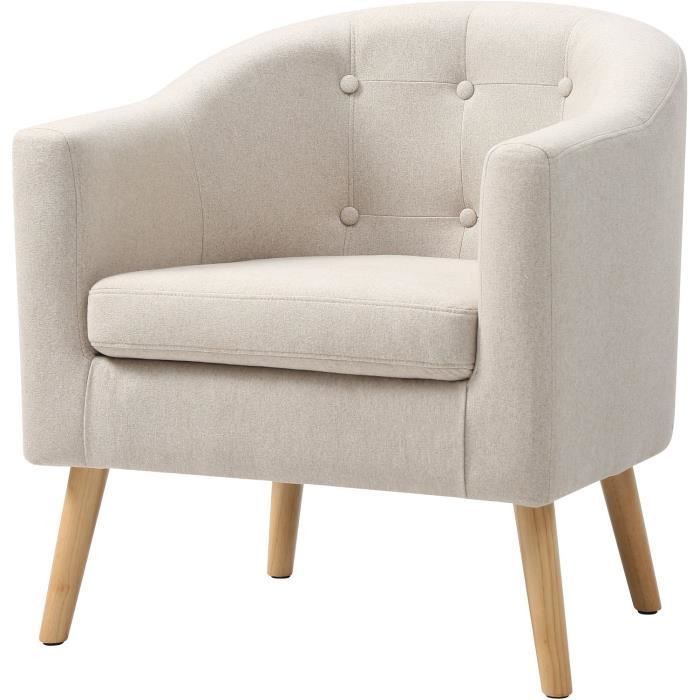 JOYCE Fauteuil pieds bois Hévéa massif - Tissu effet feutrine - Coloris lin - Scandinave - L 70 x P 64 cm - Photo n°1