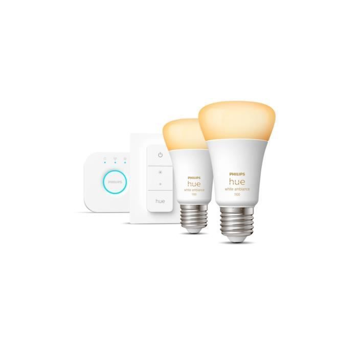 Kit démarrage ampoule LED connectée PHILIPS Hue White - 10,5W - Lot 2 E27 - Télécommande Hue - Photo n°1