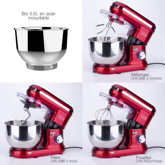 Kitchen Move - Robot patissier multifonction BAT-1519 - 1500W - Bol 5.5L - DALLAS - Rouge acier - Photo n°2