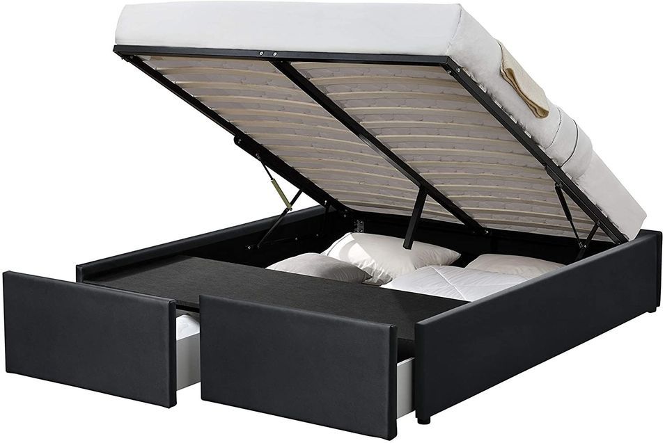 Cadre de lit avec coffre et 2 tiroirs 140x190 cm simili cuir noir mat Karmi - Photo n°1