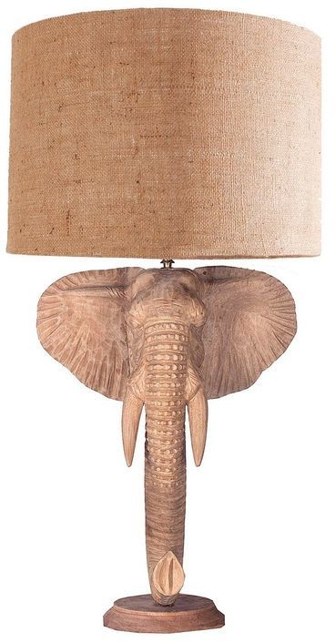 Lampe de table tissu beige et pied teck massif clair Elefantoo - Photo n°1