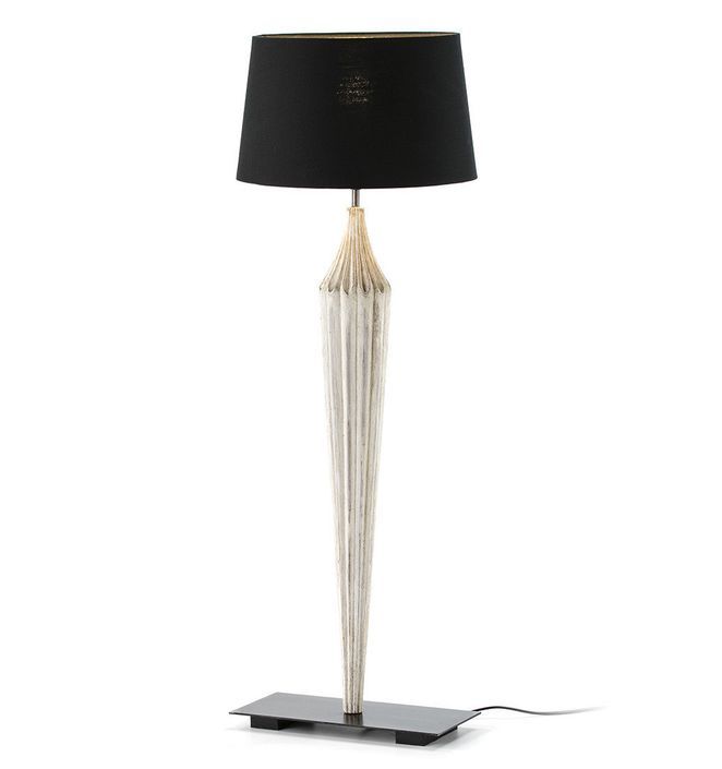 Lampe de table tissu noir et pied acajou massif blanc Ajess - Photo n°1