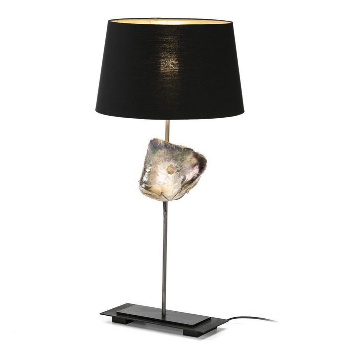 Lampe de table tissu noir et pied métal nacre Cinar abat-jour 36 cm - Photo n°1