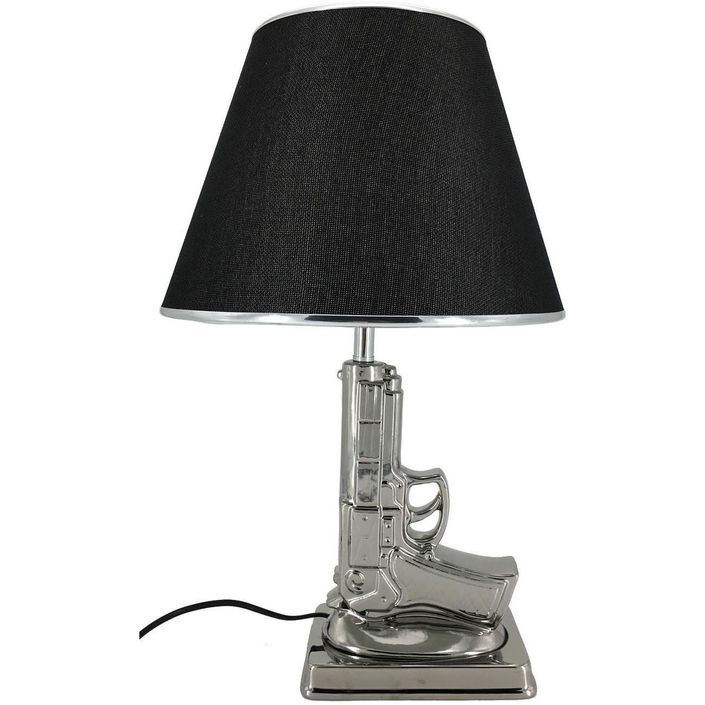 Lampe de table tissu noir et pied pistolet métal argenté Bang - Photo n°1