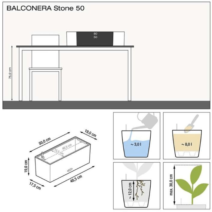 LECHUZA Jardinière BALCONERA Stone 50 ALL-IN-ONE Noir - Photo n°5