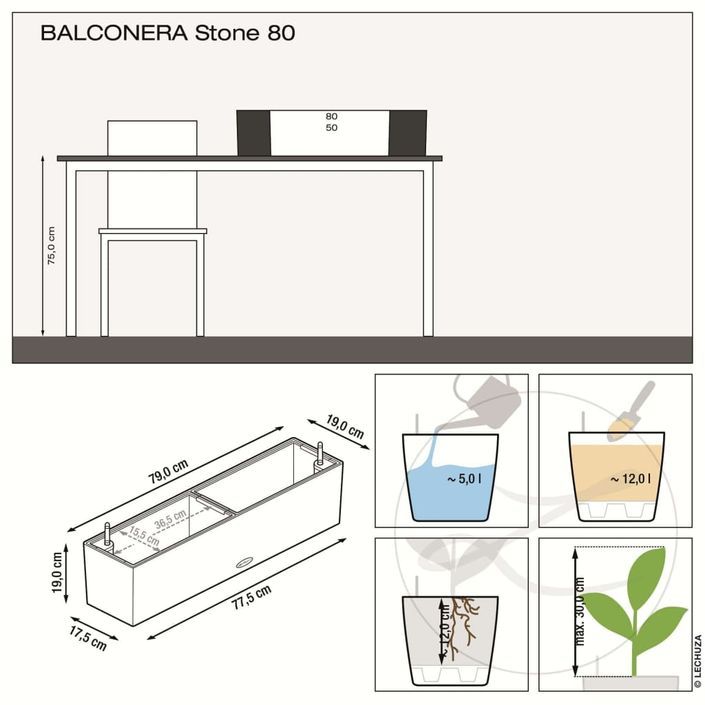 LECHUZA Jardinière BALCONERA Stone 80 ALL-IN-ONE Noir - Photo n°3