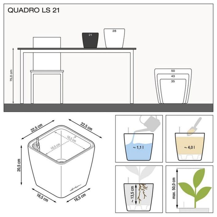 LECHUZA Jardinière de table QUADRO LS 21 ALL-IN-ONE Blanc brillant - Photo n°6