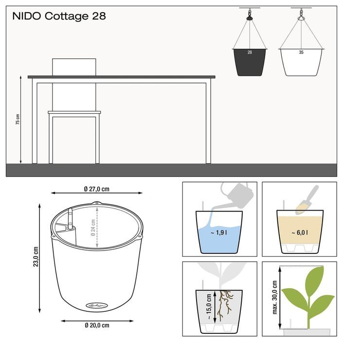 LECHUZA Jardinière suspendue NIDO Cottage 28 ALL-IN-ONE Moka - Photo n°7