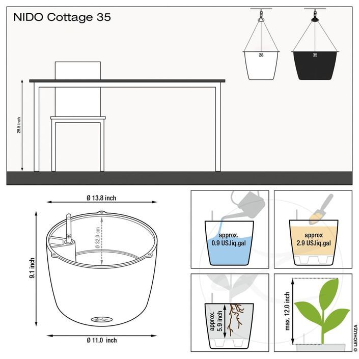 LECHUZA Jardinière suspendue NIDO Cottage 35 ALL-IN-ONE Noir graphite - Photo n°4