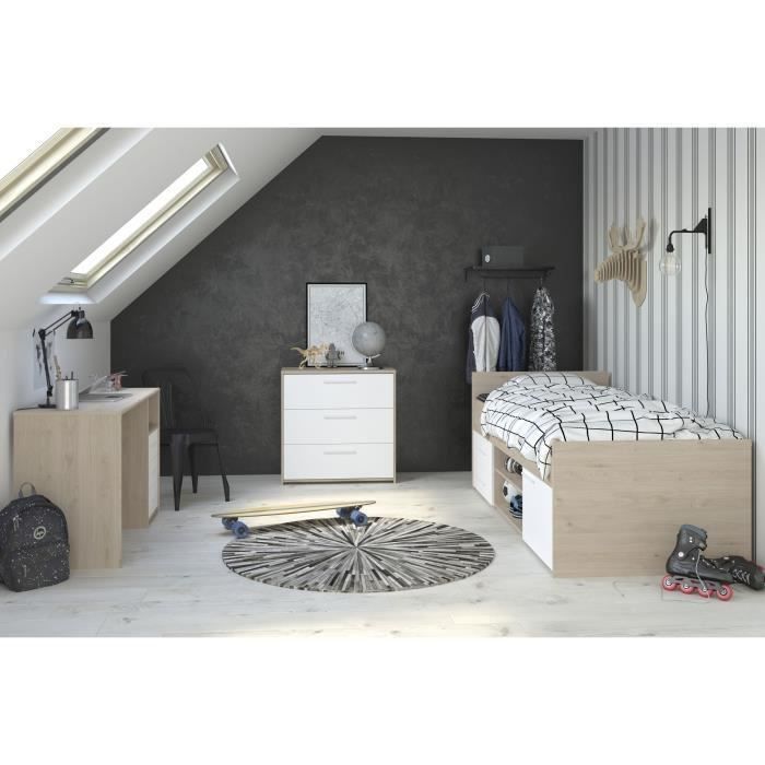 LIAM Chambre enfant complete 3 pieces - Lit + commode + bureau - Style contemporain - Décor chene jackson et blanc - Photo n°1