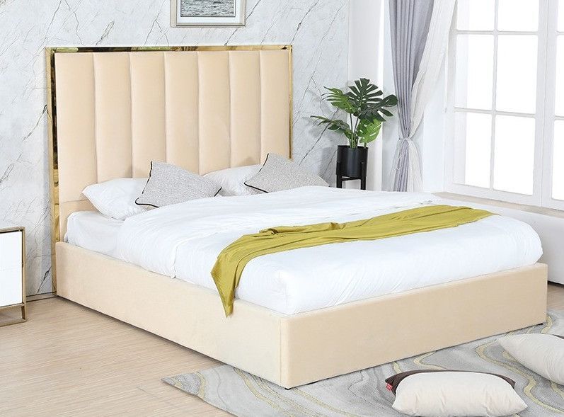 Lit 160x200 cm avec coffre de rangement et tête de lit velours beige et laiton Posta - Photo n°5