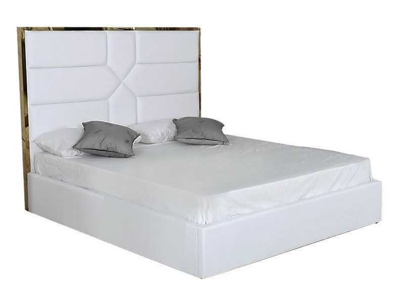 Lit 180x200 cm avec coffre de rangement et tête de lit simili blanc et laiton Delhie - Photo n°1