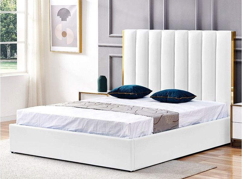Lit 180x200 cm avec coffre de rangement et tête de lit simili blanc et laiton Pika - Photo n°3