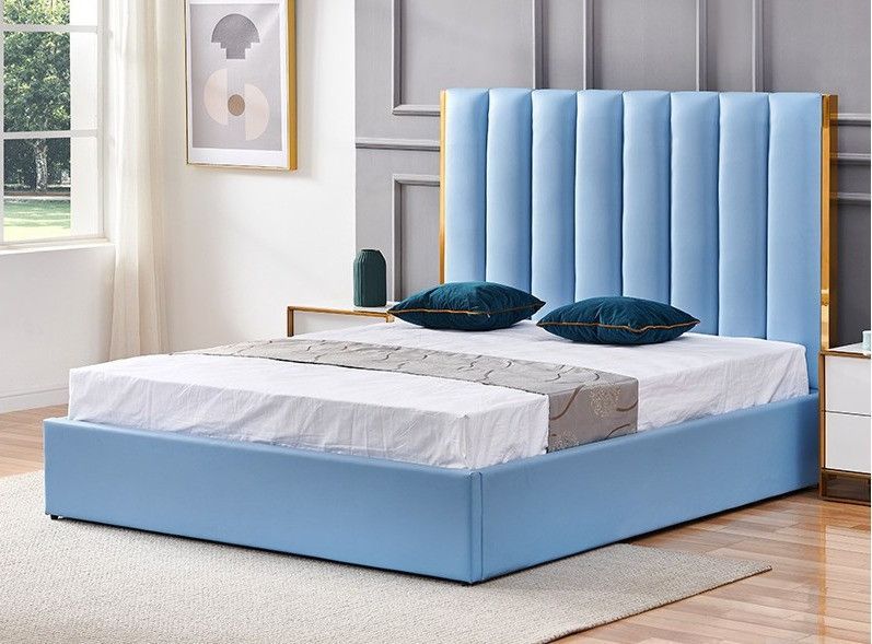 Lit 180x200 cm avec coffre de rangement et tête de lit simili bleu et laiton Pika - Photo n°4