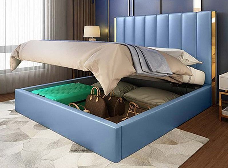 Lit 180x200 cm avec coffre de rangement et tête de lit simili bleu et laiton Pika - Photo n°6