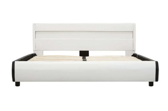 Lit à LED 2 tiroirs simili cuir blanc et pieds bois massif noir Nyam 160x200 cm - Photo n°7