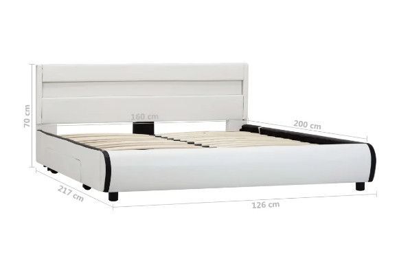 Lit à LED 2 tiroirs simili cuir blanc et pieds bois massif noir Nyam 160x200 cm - Photo n°11