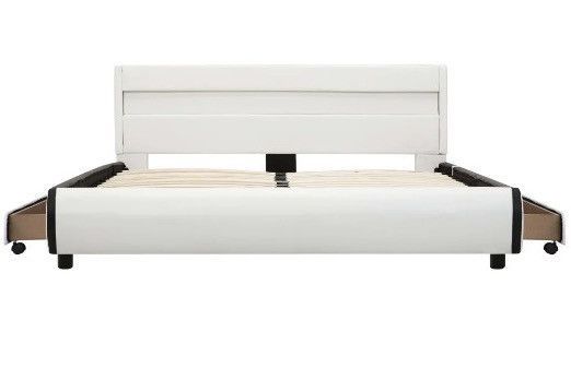 Lit à LED 2 tiroirs simili cuir blanc et pieds bois massif noir Nyam 160x200 cm - Photo n°4
