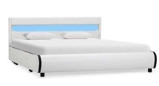 Lit à LED 2 tiroirs simili cuir blanc et pieds bois massif noir Nyam 160x200 cm - Photo n°1