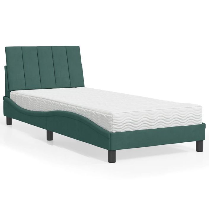 Lit avec matelas vert foncé 90x190 cm velours - Photo n°1